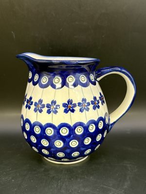 Polish Pottery. Poland. Ceramic. Boleslawiec. Small Pitcher. Flowering Peacock Pattern. 4"H