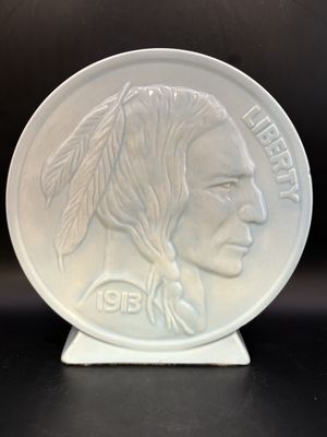 Ceramic. USA. Piggy Bank. One Side is Indian Head Penny; Other Side is Buffalo Nickel. Light Teal. 7.5"H