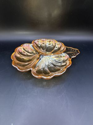 Glass. Carnival Glass. Marigold Shaped Divided Candy/Trinket Dish. Marigold Color. 7"W