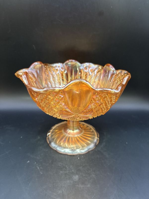 Glass. Carnival Glass. Compote with Ruffled Rim. Marigold Color. 4.88&quot;H
