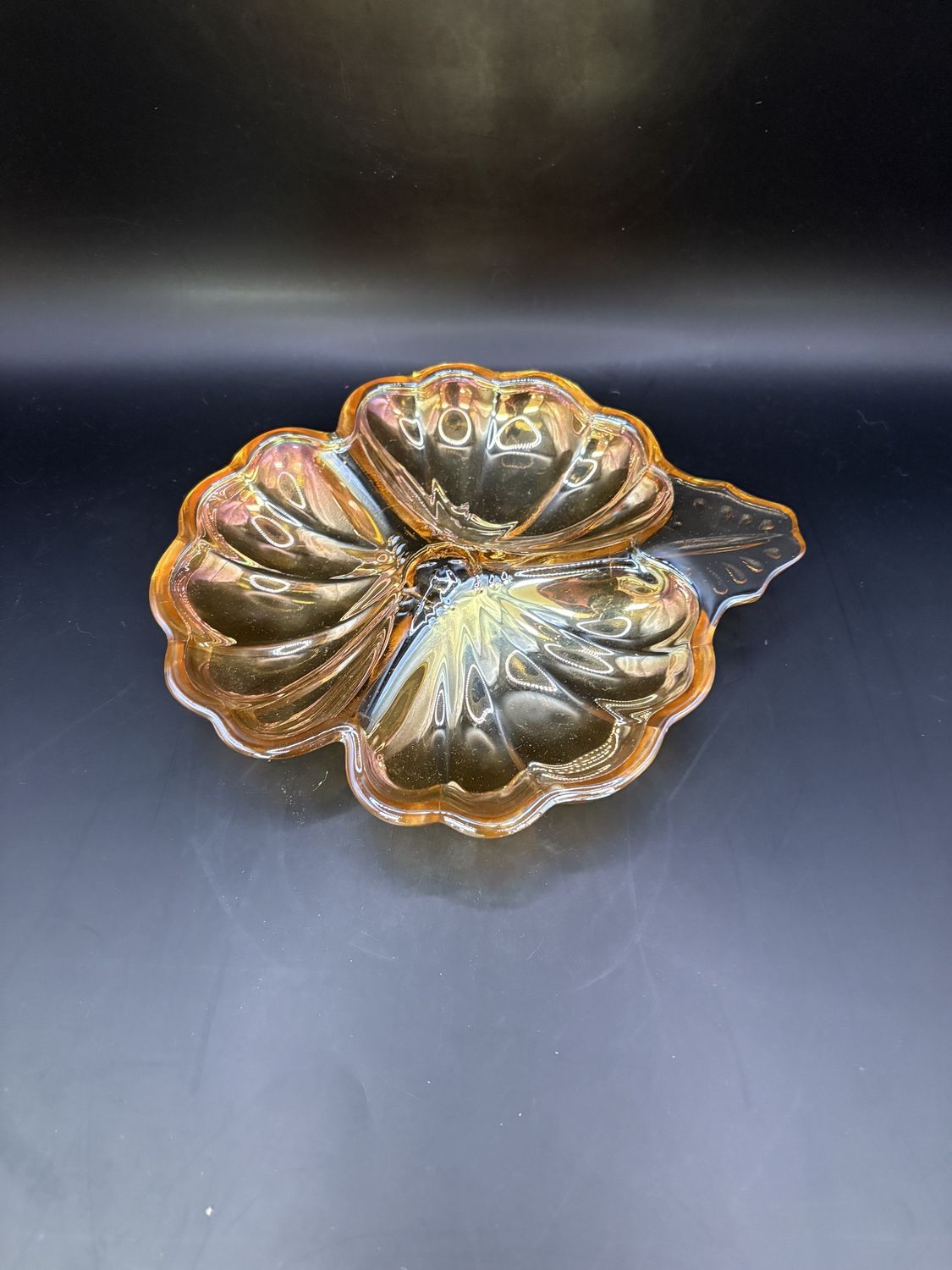 Glass. Carnival Glass. Marigold Shaped Divided Candy/Trinket Dish. Marigold Color. 7&quot;W