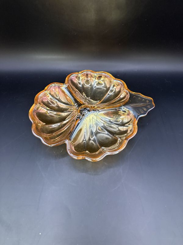 Glass. Carnival Glass. Marigold Shaped Divided Candy/Trinket Dish. Marigold Color. 7&quot;W