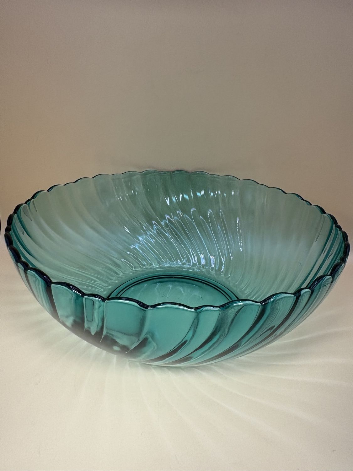 Glass. France. Glass Serving Bowl w/Scalloped Edge. Teal Green. 9.13&quot;W