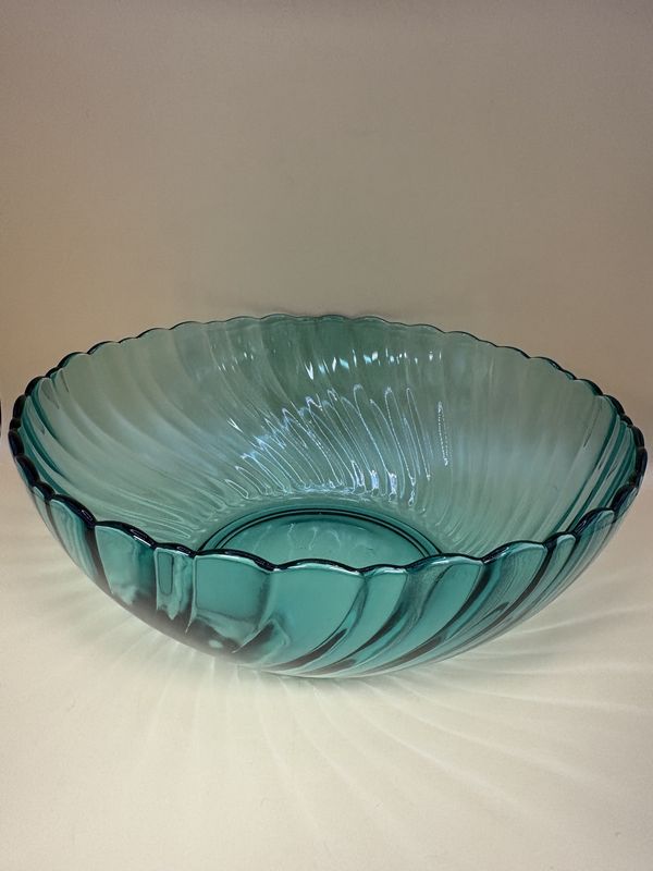 Glass. France. Glass Serving Bowl w/Scalloped Edge. Teal Green. 9.13&quot;W