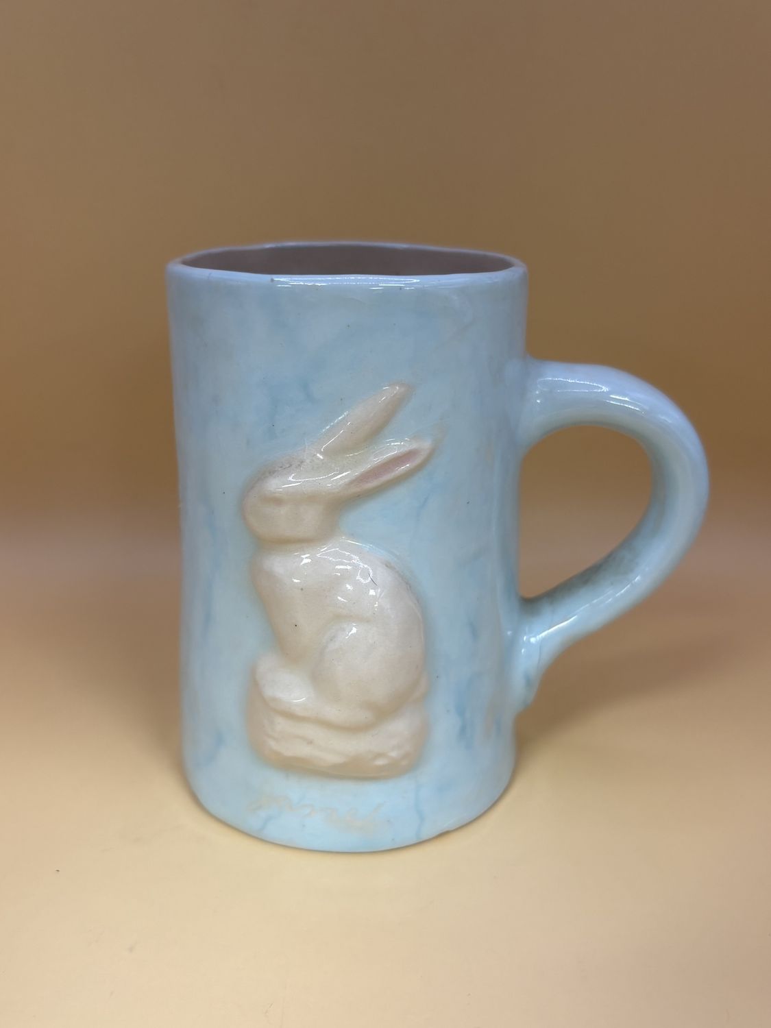 Pottery. USA. Mug w/Sculpted Bunny. Light Blue with White Bunny &quot;Jane&quot;. 4.25&quot;H