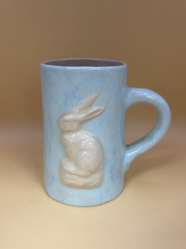 Pottery. USA. Mug w/Sculpted Bunny. Light Blue with White Bunny &quot;Jane&quot;. 4.25&quot;H