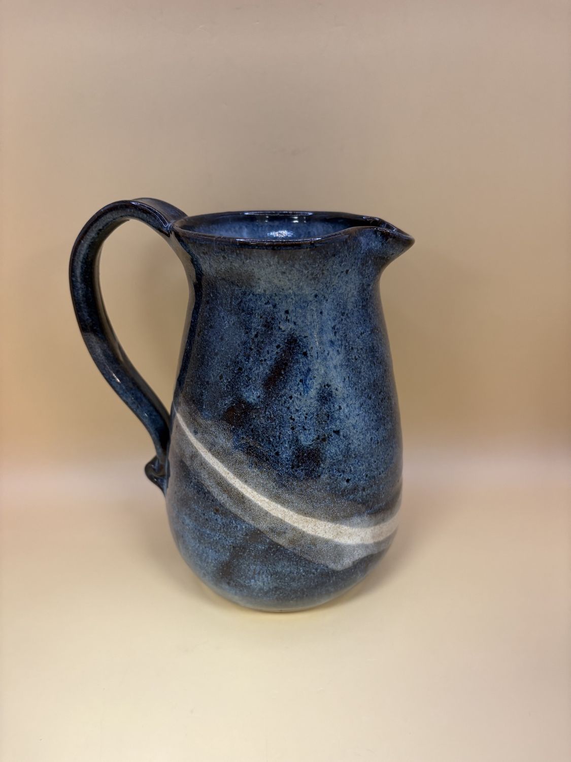 Pottery. USA. Turpin. Pitcher. Blue with Tan Stripe. 1993. 6&quot;H