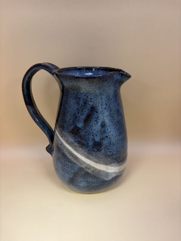Pottery. USA. Turpin. Pitcher. Blue with Tan Stripe. 1993. 6&quot;H