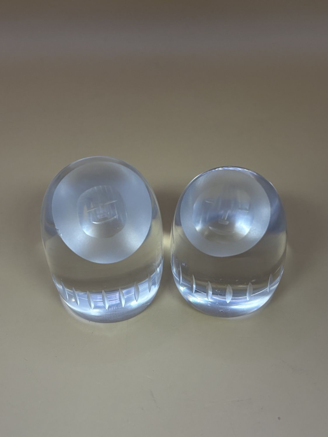 Crystal. Norway. Hadeland. PAIR of Smiling Eskimo Paperweights. 2.5&quot;H