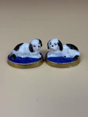 Porcelain. England. Chelsea Porcelain. Pair of 18th Century Dog Figures with Red Anchor (1752-1758). 1.25''W