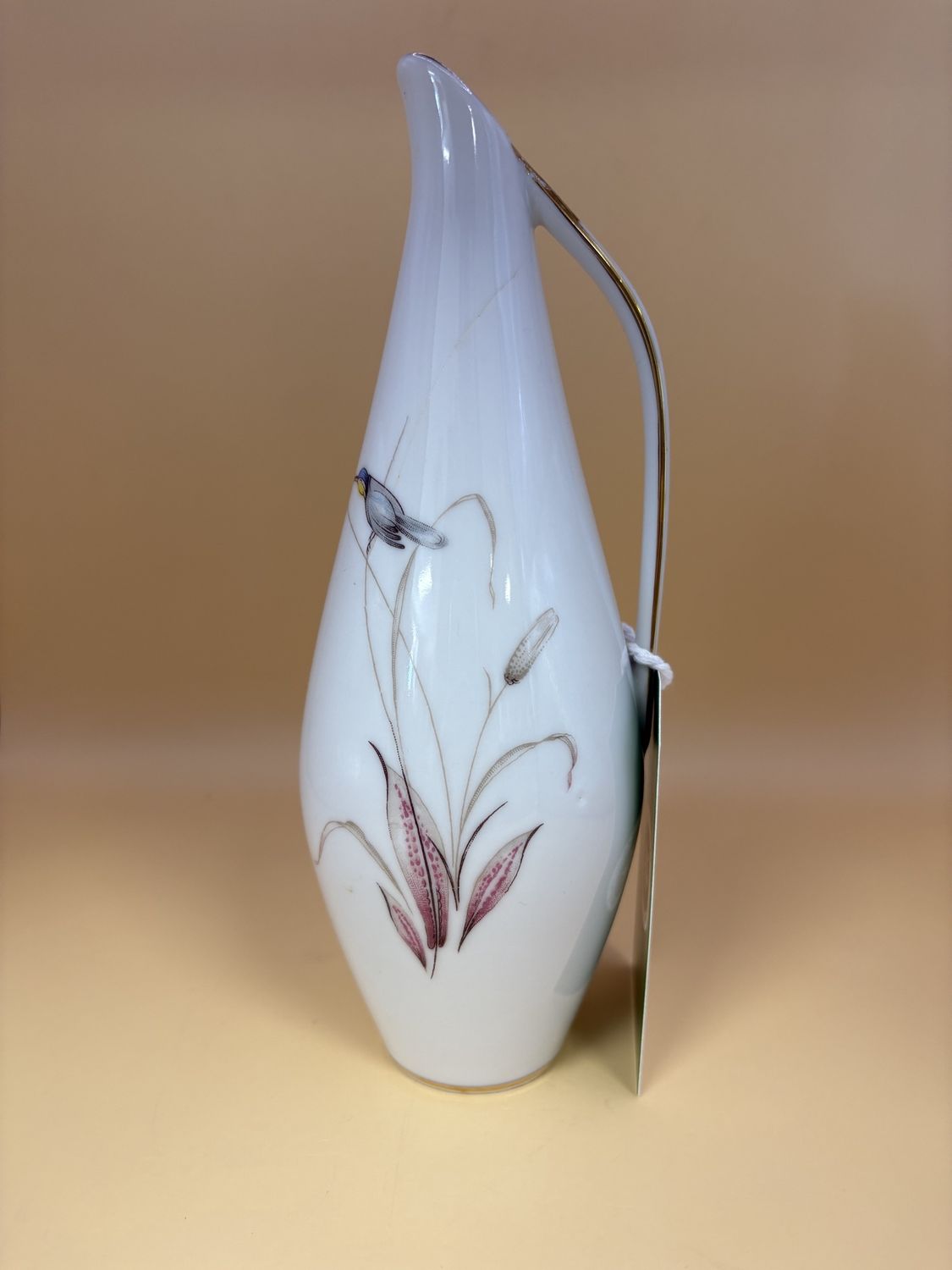 Porcelain. Germany. Cico. Gold-trimmed White Vase w/ Hummingbird on Wheat. 8.25&quot;H x 3&quot;W