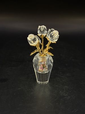 Figurine. Austria. Swarovski. Crystal #675655. Clear Roses in Vase w/Gold Stems &amp; Leaves. 2.5"