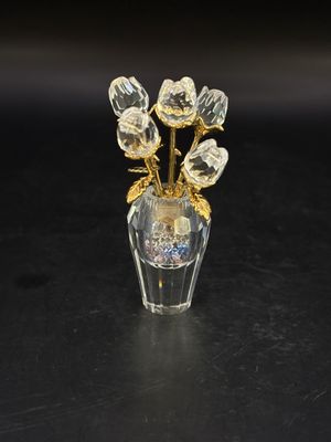 Figurine. Austria. Swarovski. Crystal #675655. Clear Roses in Vase w/Gold Stems &amp; Leaves. 2.5"