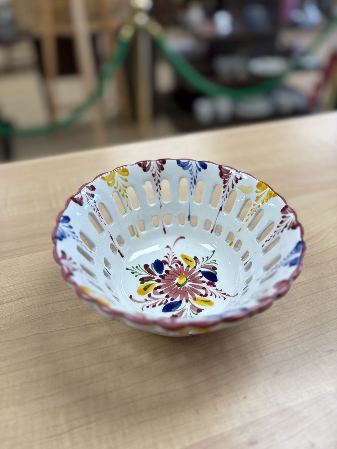 Ceramic. Portugal. Bowl. RCCL. Reticulated with Handpainted Flowers. Maroon, Blue, and Yellow.