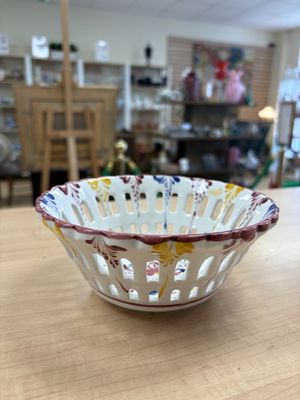 Ceramic. Portugal. Bowl. RCCL. Reticulated with Handpainted Flowers. Maroon, Blue, and Yellow.