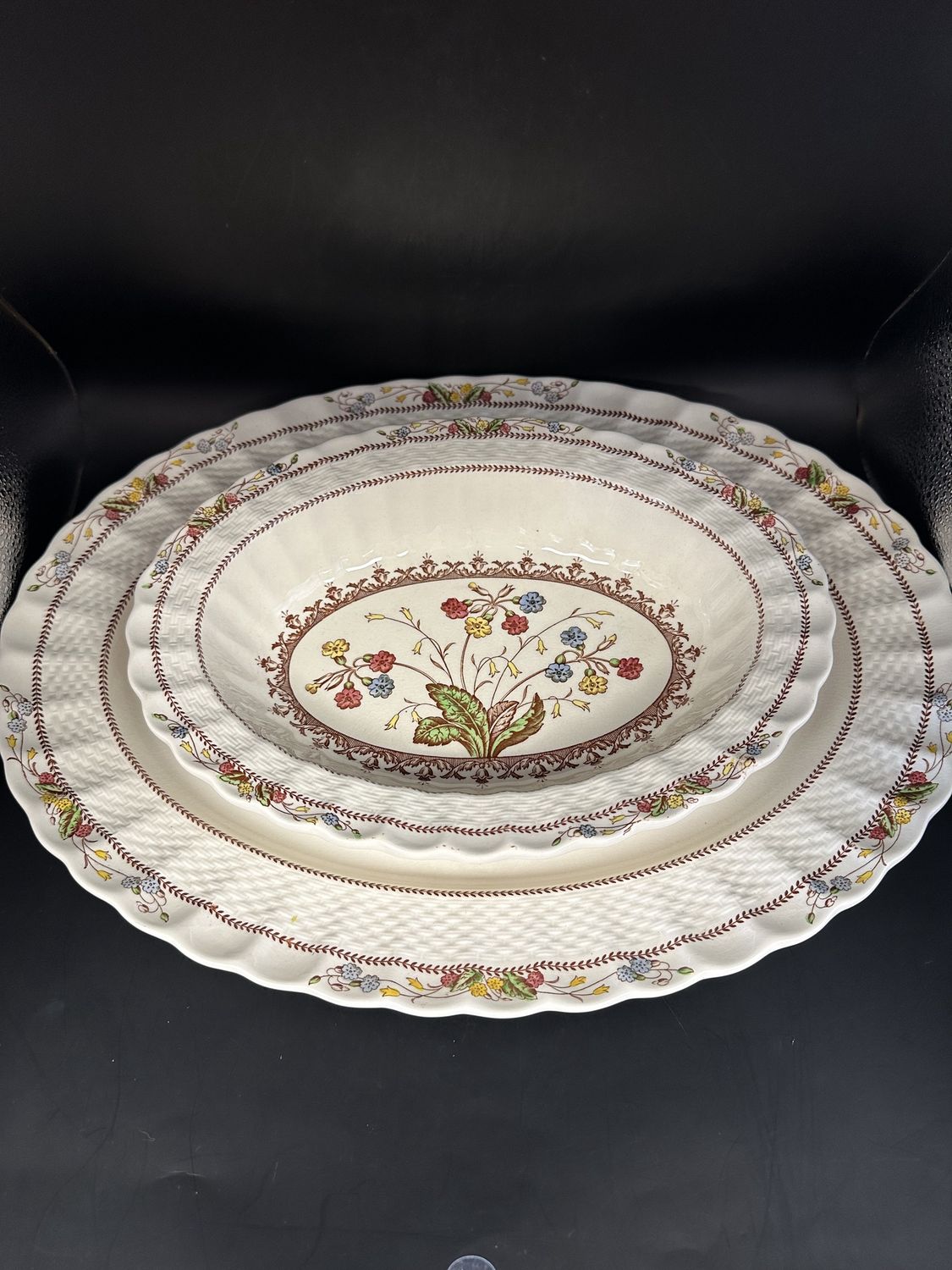 Porcelain. Spode. England. Oval Platter &amp; Oval Serving Bowl. Cowslip Pattern (Cream w/Brown Trim &amp; Burgundy, Blue, &amp; Yellow Flowers) (Set of 2). 15&quot;W &amp; 10.5”W