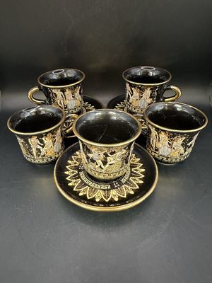 Porcelain. Greece. Spyropoulos. Greek Key Demitasse Cup &amp; Saucer w/Ancient Images. Black w/ 24 Karat Gold Trim (Set of 5). Circa 1970s. 2.5"H