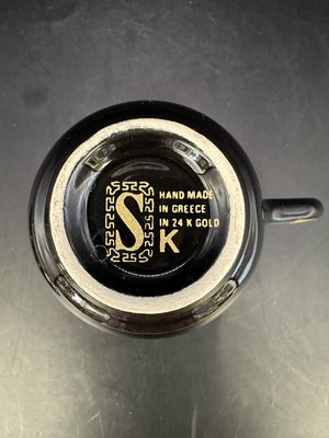Porcelain. Greece. Spyropoulos. Greek Key Demitasse Cup &amp; Saucer w/Ancient Images. Black w/ 24 Karat Gold Trim (Set of 5). Circa 1970s. 2.5"H