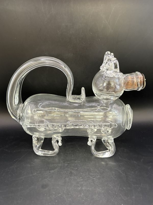 Glass. Sweden. Trelleborg. Dog-shaped Handblown Glass Decanter w/Handle. 9.13"L