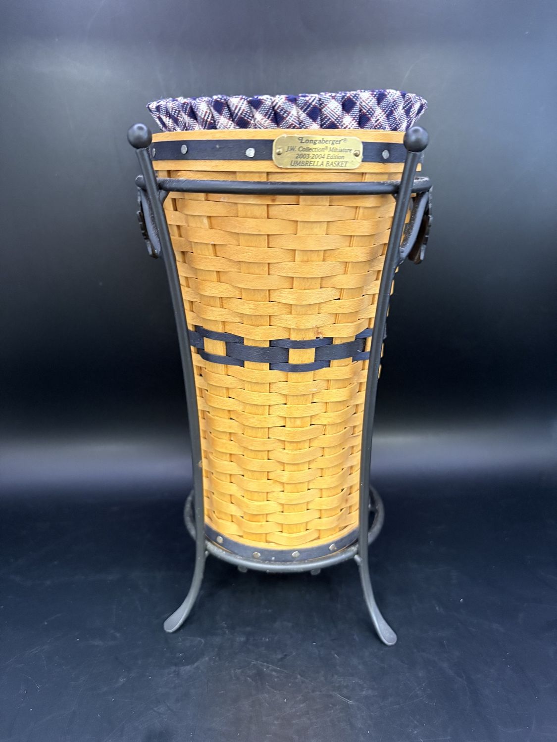 Home Decor. USA. Longaberger. Miniature Umbrella Basket w/Stand, Fabric Liner, &amp; Plastic Liner. J.W. Collection. 2003-2004 Edition. 8.5&quot;H