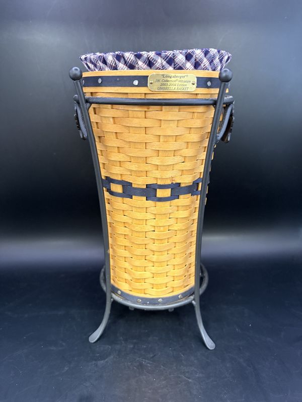 Home Decor. USA. Longaberger. Miniature Umbrella Basket w/Stand, Fabric Liner, &amp; Plastic Liner. J.W. Collection. 2003-2004 Edition. 8.5&quot;H