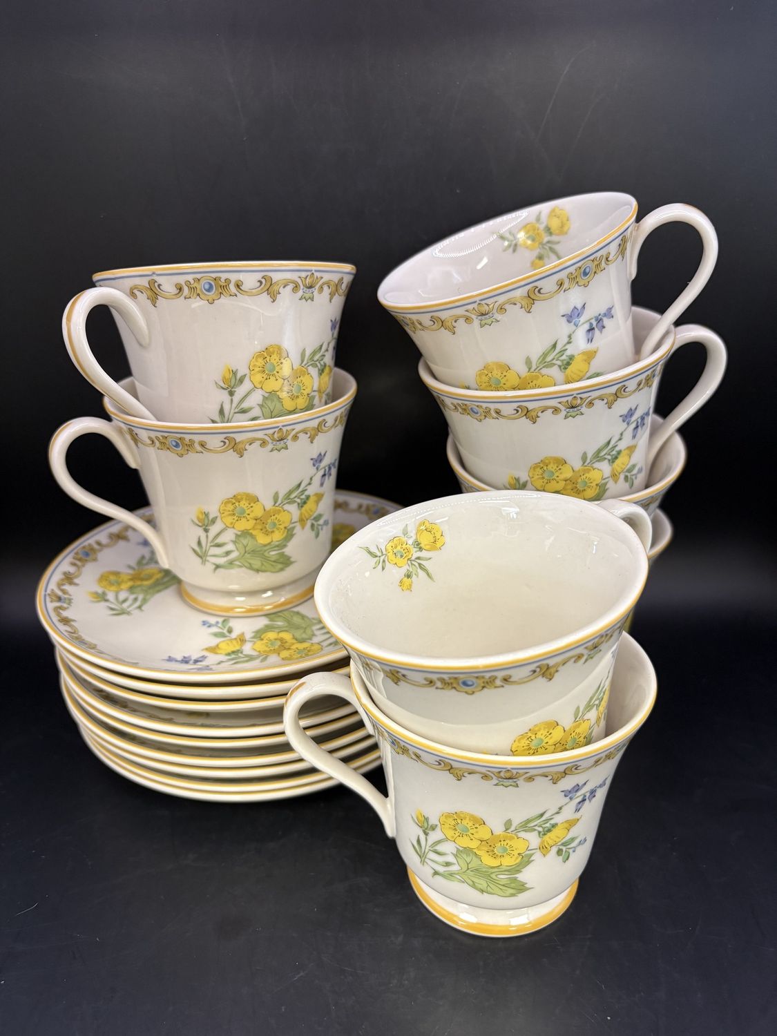 Porcelain. USA. Gorham. Royal Buttercup Pattern. Teacup &amp; Saucer (Set of 8). 3.13&quot;H