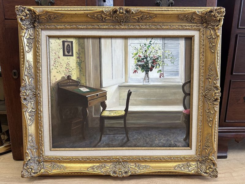 Artwork (Painting). USA. Ronald Lewis (AL). Still Life of Antique Desk &amp; Chair, w/Flowers on Windowsill. 1991. Ornate Gold Frame w/Ecru Mat. 27&quot;W x 23&quot;H