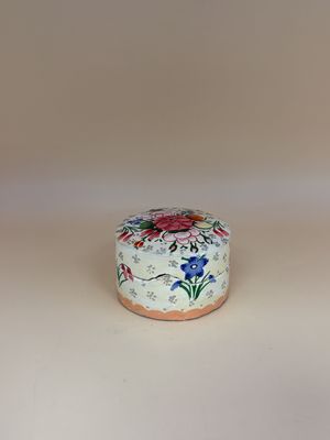 Wooden Pill Box. England. Circular Shape. Cream Color w/ Colorful Floral Design. Lacquer Finish. 2"W