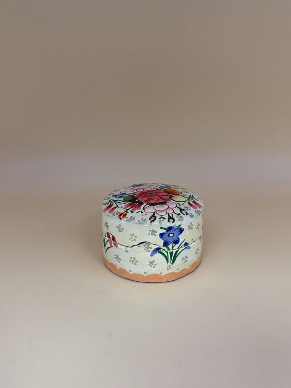 Wooden Pill Box. England. Circular Shape. Cream Color w/ Colorful Floral Design. Lacquer Finish. 2&quot;W