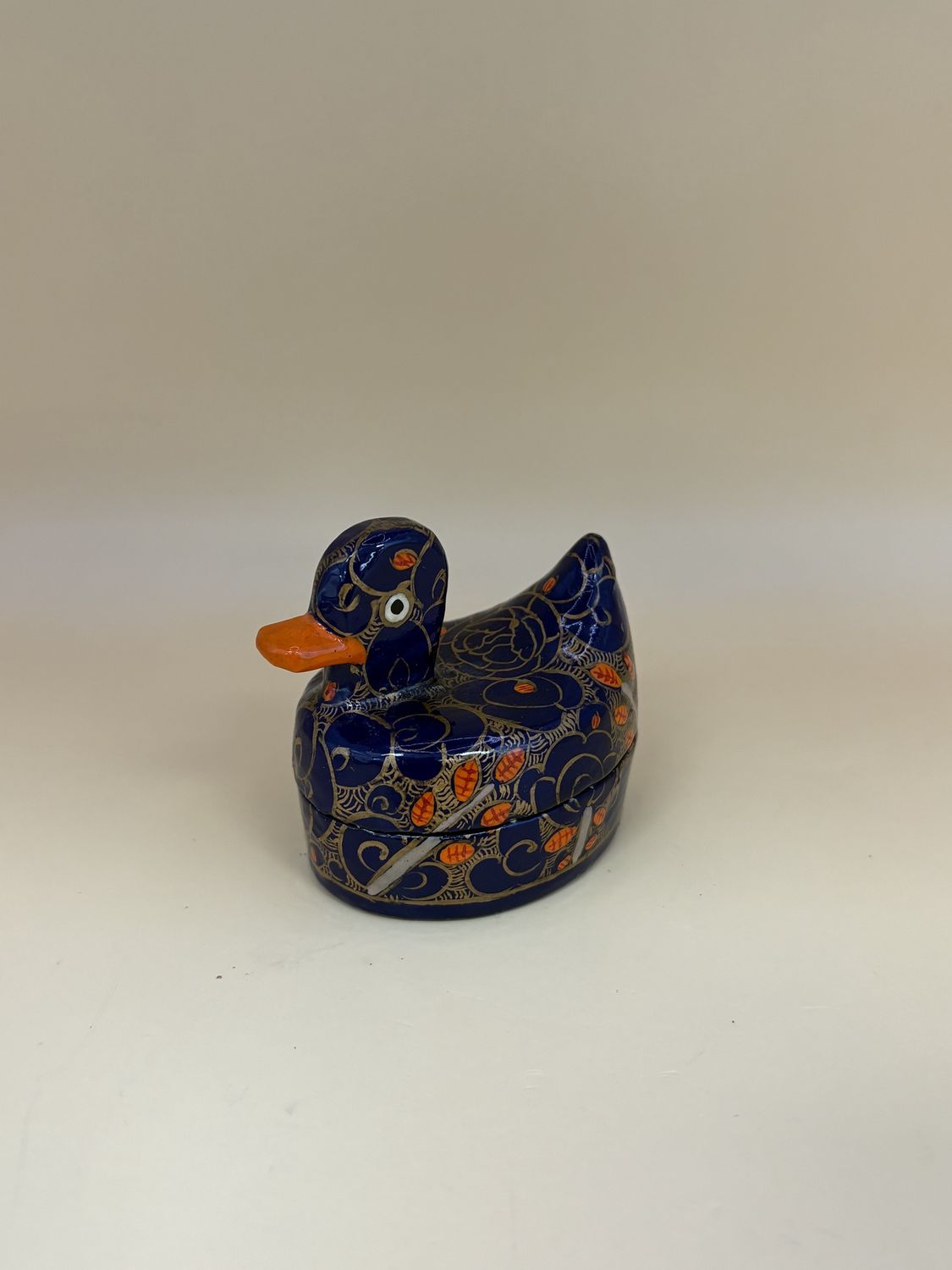 Wooden Pill Box. England. Duck Shaped. Blue w/Orange &amp; Gold Details. Lacquer Finish. 1.75&quot;W