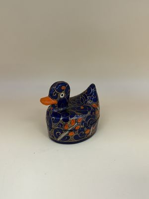 Wooden Pill Box. England. Duck Shaped. Blue w/Orange &amp; Gold Details. Lacquer Finish. 1.75"W