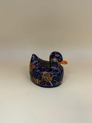 Wooden Pill Box. England. Duck Shaped. Blue w/Orange &amp; Gold Details. Lacquer Finish. 1.75"W