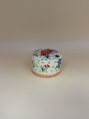 Wooden Pill Box. England. Circular Shape. Cream Color w/ Colorful Floral Design. Lacquer Finish. 2"W