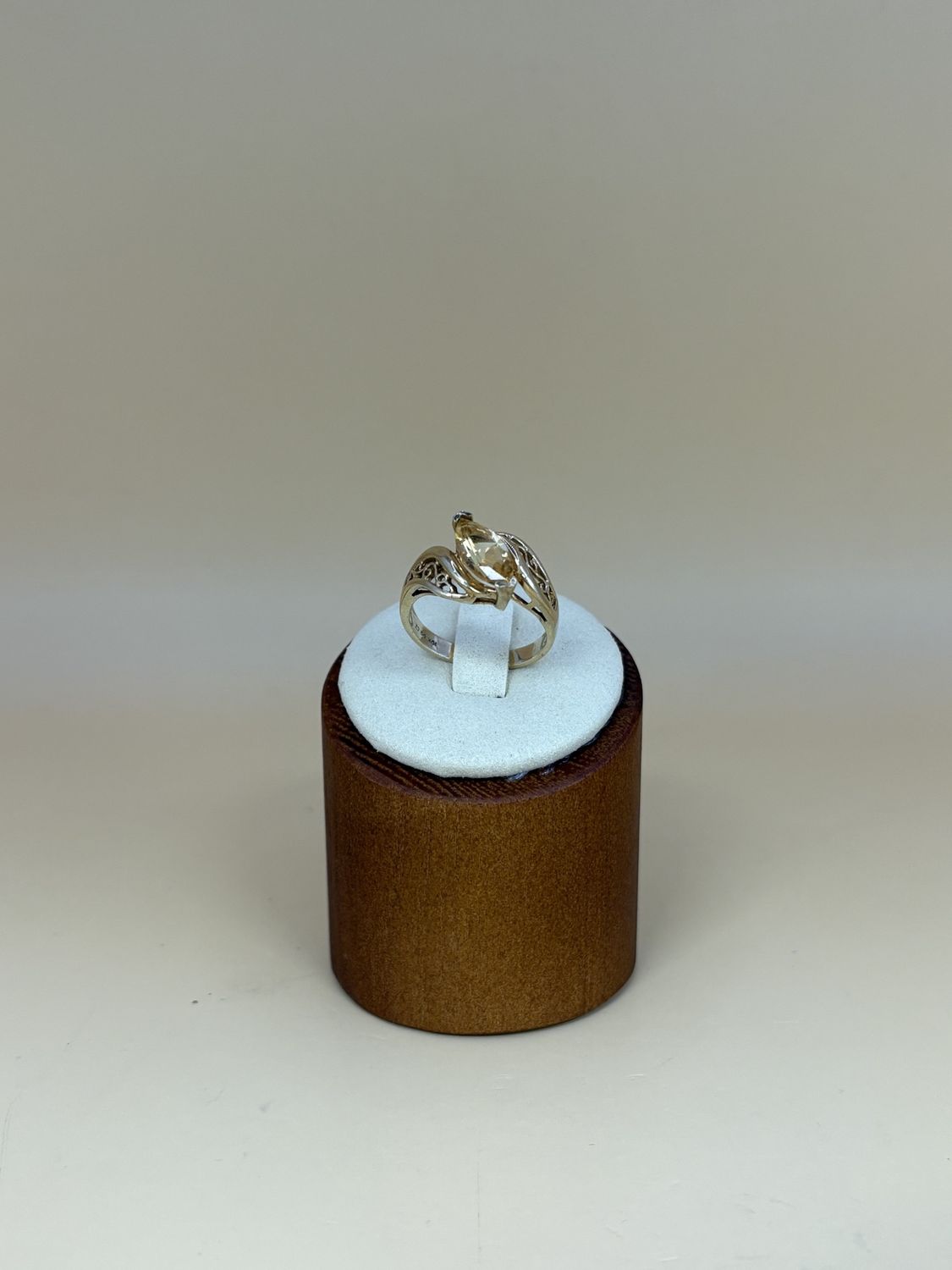 Jewelry. Diamonique. Ring. 10K Gold with Simulated Citrine Marquis Stone. Filigree Band. Size 7.75