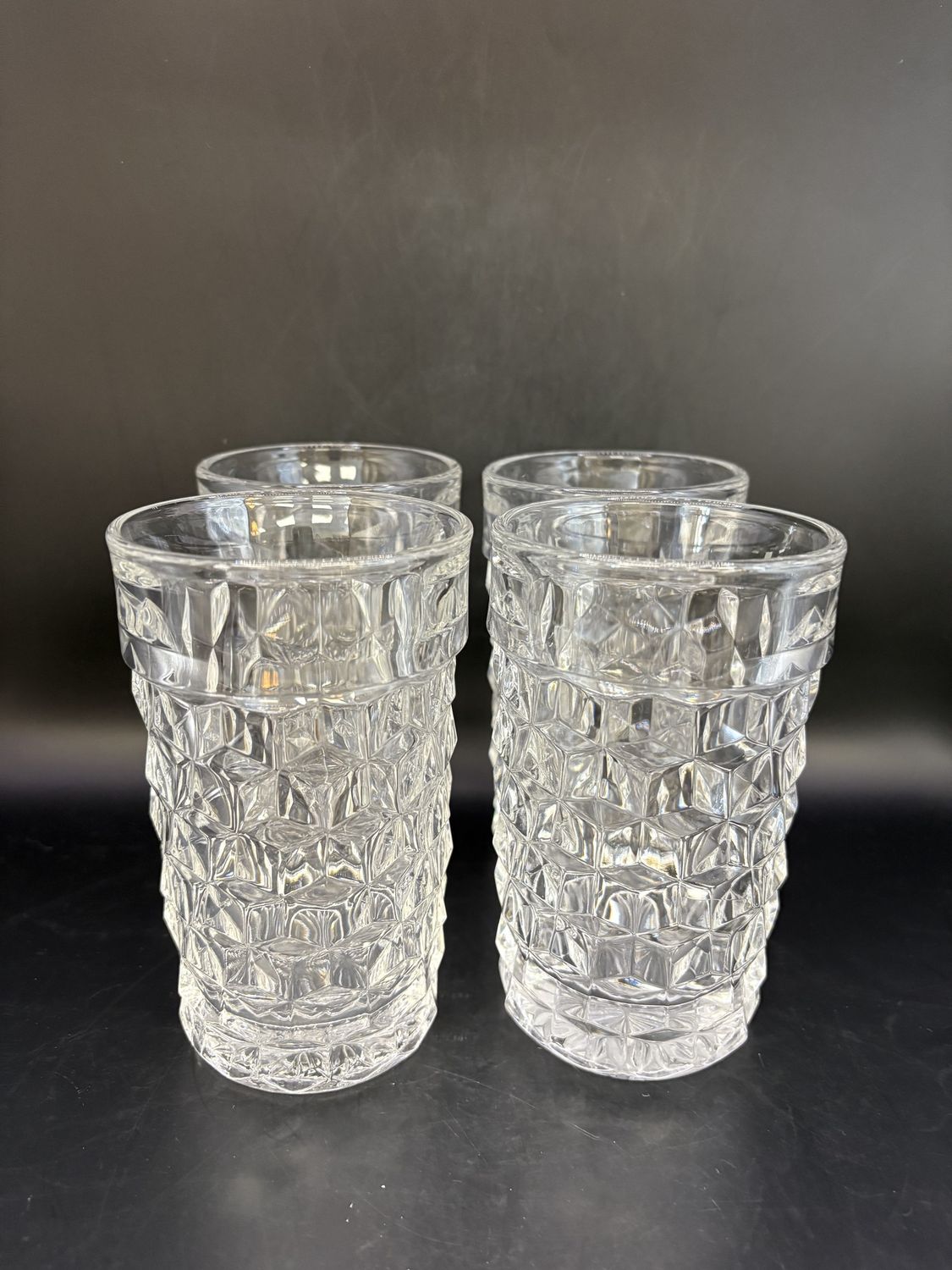 Crystal. USA. Fostoria. Clear Drinking Glasses. American Pattern (Set of 4). 5.25&quot;H
