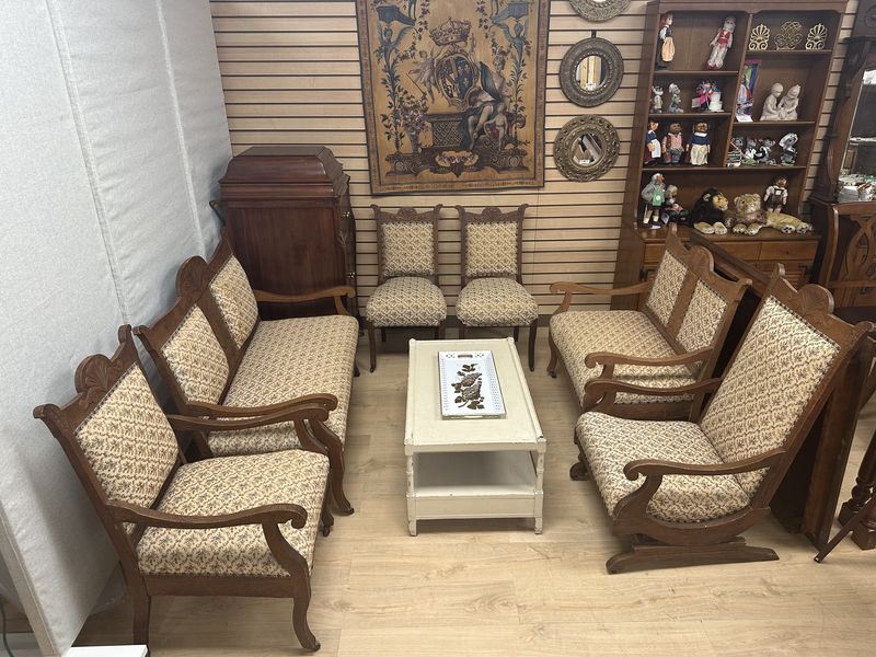 Furniture. Guest Chair. Antique. Beige Floral Upholstery and Oak Frame