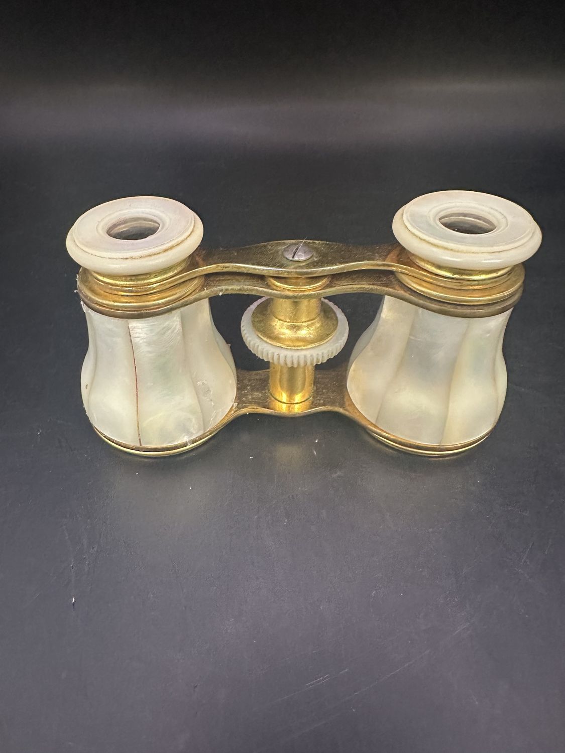 Antique Opera Glasses. Mother-of-Pearl &amp; Brass w/Leather Case. 2&quot;H x 4&quot;W