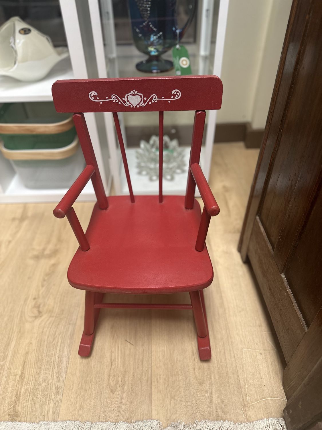 Furniture. USA. Cass. Rocking Chair (Child&#39;s). Vintage. From Brent, AL. Red w/Painted White Heart. 20.5&quot;H