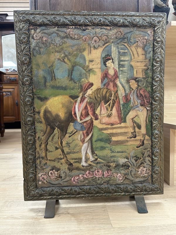 Furniture. USA. Fire Screen. Antique. Tapestry &amp; Brass. 18&quot;W x 24&quot;H