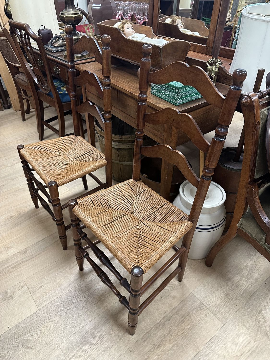 Furniture. Chairs w/ Ladderback &amp; Rush Seats (Set of 2). Vintage. 40&quot;H