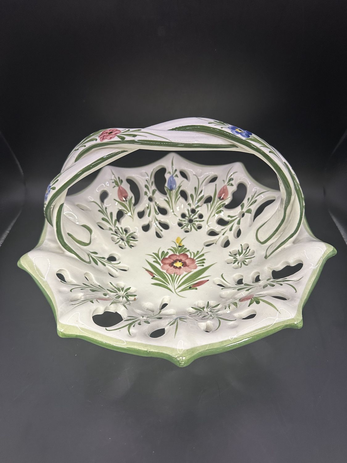 Ceramic. Portugal. RCCL. Basket. Twisted Handle &amp; Open Pierced Design.  White, Handpainted w/Green Trim &amp; Pink &amp; Blue Flowers. 10.5&quot;W x 6&quot;H