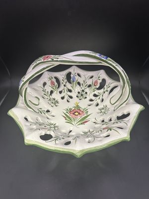 Ceramic. Portugal. RCCL. Basket. Twisted Handle &amp; Open Pierced Design.  White, Handpainted w/Green Trim &amp; Pink &amp; Blue Flowers. 10.5"W x 6"H