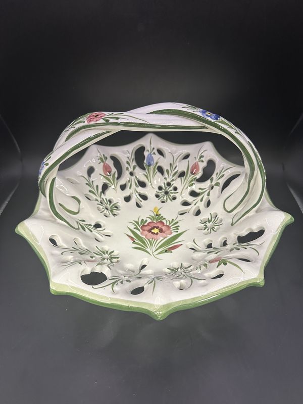 Ceramic. Portugal. RCCL. Basket. Twisted Handle &amp; Open Pierced Design.  White, Handpainted w/Green Trim &amp; Pink &amp; Blue Flowers. 10.5&quot;W x 6&quot;H