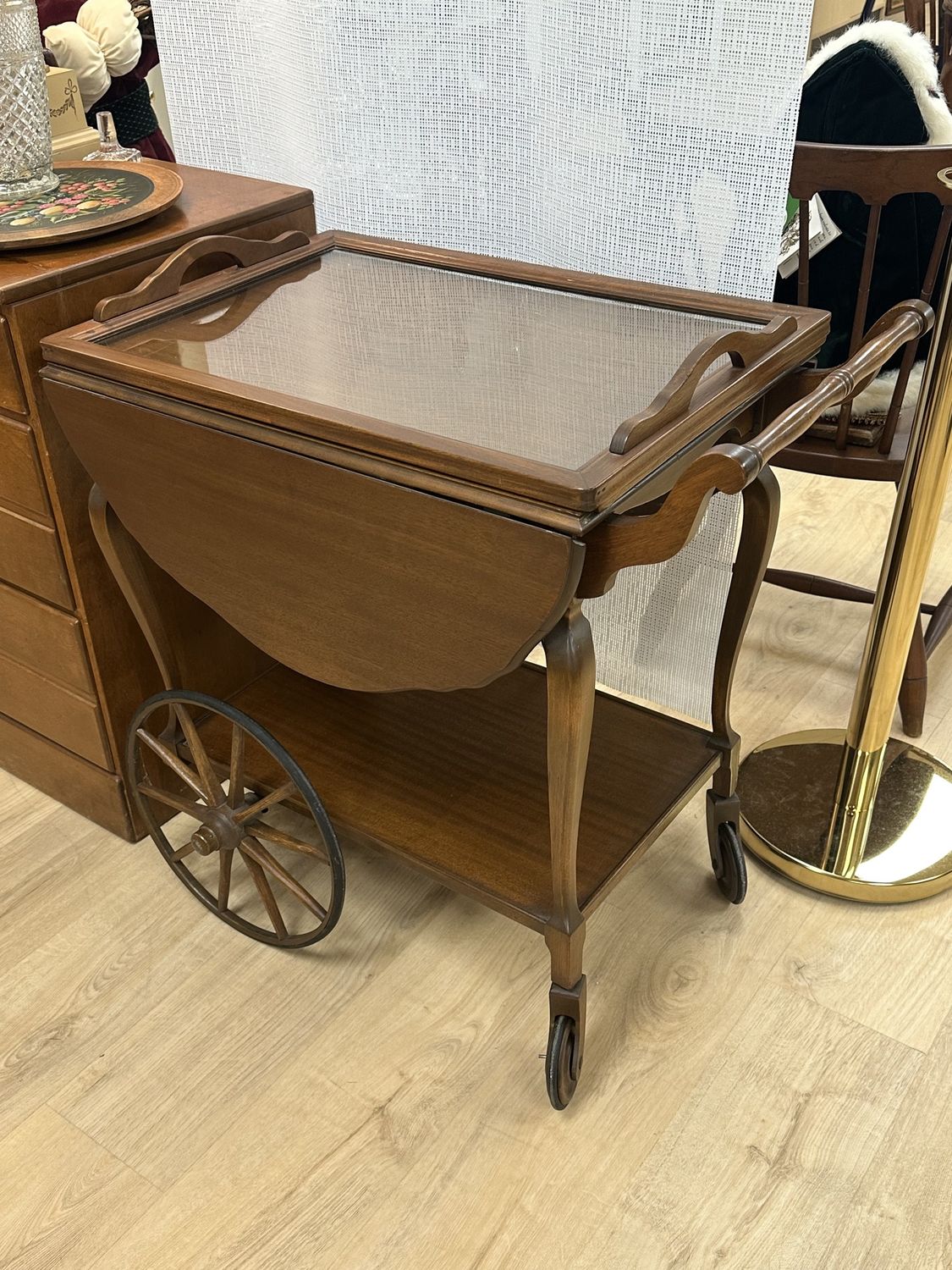Furniture. USA. Tea Cart / Bar Cart. Antique. Wood. 2 Wheels &amp; Drop Leaves. 30&quot;W