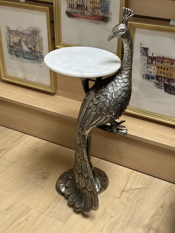 Furniture. Side Table. Silver Peacock w/Small Round Marble Table. 29&quot;H