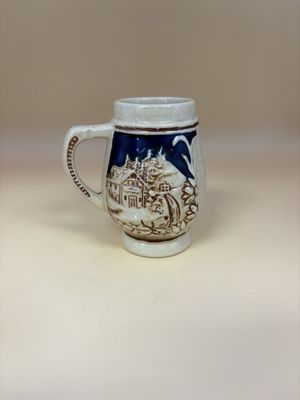 Stein. Cream and Dark Blue. Floral and House Decals on Sides. 3.5"H