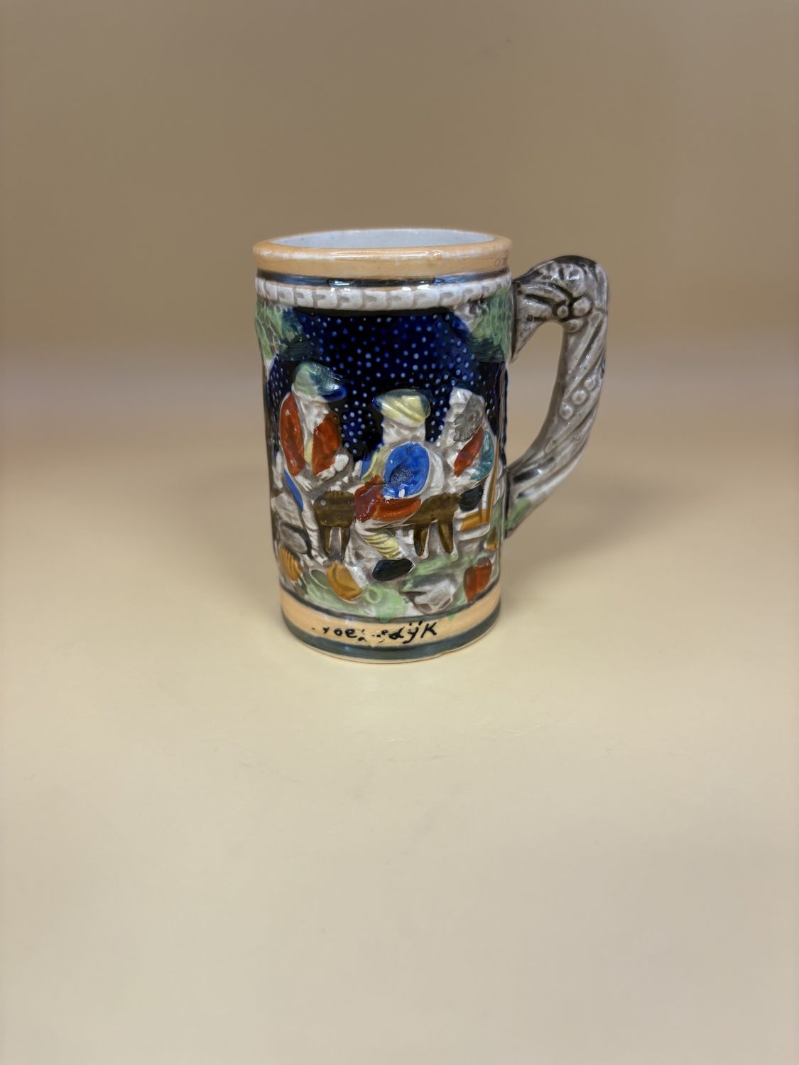 Stein. Germany. Mini Stein w/ Group of Men at Table w/ House on Side. 3.5&quot;H