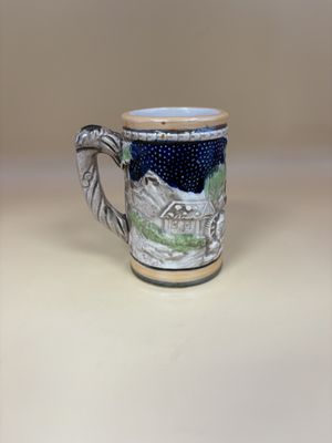 Stein. Germany. Mini Stein w/ Group of Men at Table w/ House on Side. 3.5"H