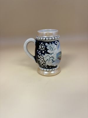 Stein. Germany. Mini Stein w/ Loreley Landscape Painting and Floral Decal on Sides. 3"H