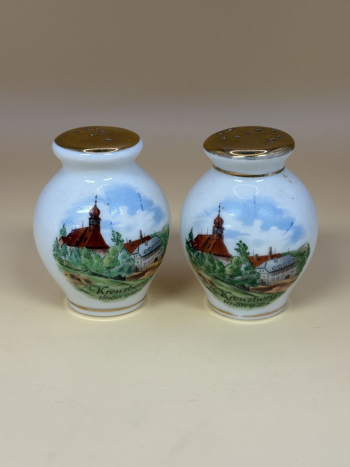 Porcelain. Germany. Salt and Pepper Shakers. Vintage. Kreuzberg, Rhon Landscape Painting. 2.5&quot;H